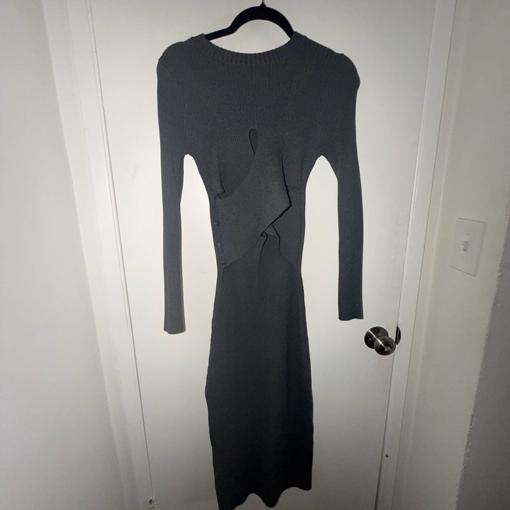 Astr Charcoal Gray Ribbed Cutout Midi Dress